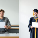 Gegenüberstellung: Studierende im Bachelor-Studium im Klassenraum und Absolventen im Masterabschluss mit Urkunden im Freien.