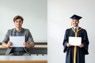 Gegenüberstellung: Studierende im Bachelor-Studium im Klassenraum und Absolventen im Masterabschluss mit Urkunden im Freien.