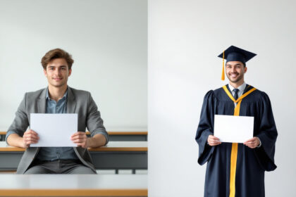 Gegenüberstellung: Studierende im Bachelor-Studium im Klassenraum und Absolventen im Masterabschluss mit Urkunden im Freien.