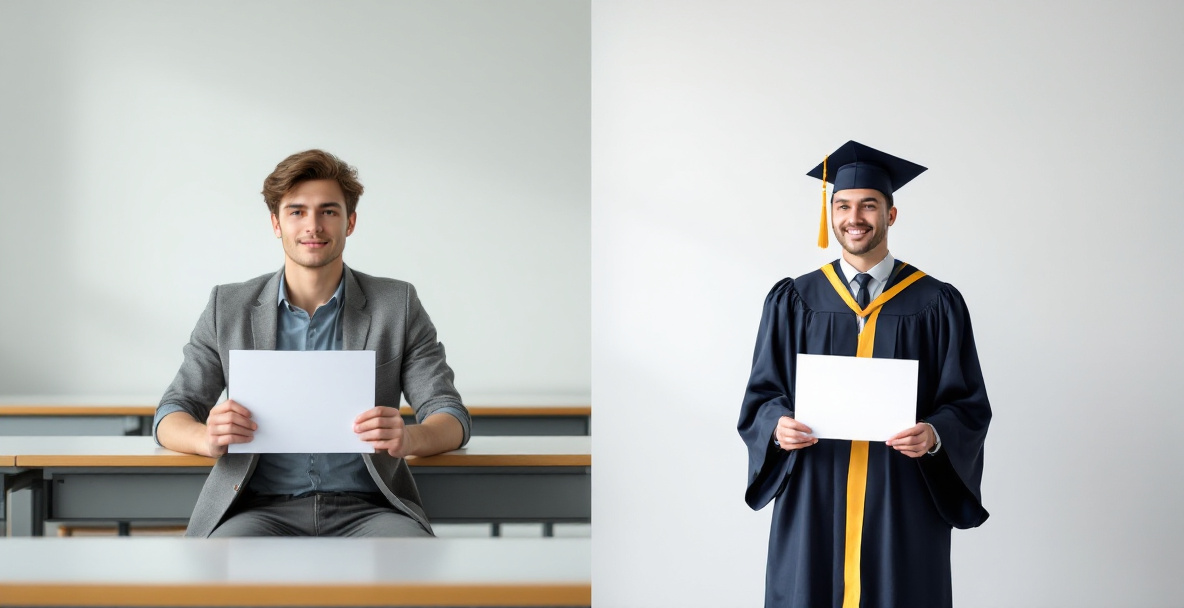 Gegenüberstellung: Studierende im Bachelor-Studium im Klassenraum und Absolventen im Masterabschluss mit Urkunden im Freien.