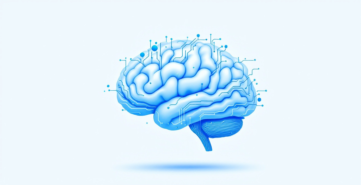 Grafische Darstellung eines Gehirns, das mit digitalen Schaltkreisen verschmilzt – Symbol für künstliche Intelligenz.