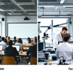 Gegenüberstellung einer Vorlesung an der Universität und einer praxisnahen Ausbildung an der Fachhochschule