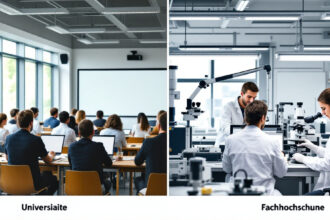 Gegenüberstellung einer Vorlesung an der Universität und einer praxisnahen Ausbildung an der Fachhochschule