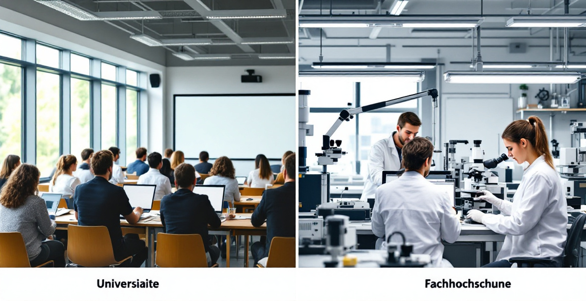 Gegenüberstellung einer Vorlesung an der Universität und einer praxisnahen Ausbildung an der Fachhochschule