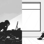 Vergleich zwischen Burnout: erschöpfter Mensch am Schreibtisch, und Depression: traurige Person am Fenster.