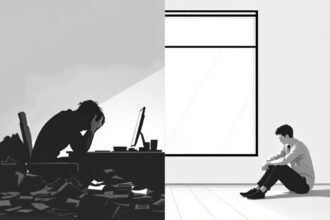 Vergleich zwischen Burnout: erschöpfter Mensch am Schreibtisch, und Depression: traurige Person am Fenster.
