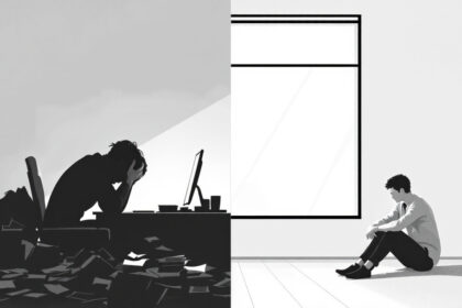 Vergleich zwischen Burnout: erschöpfter Mensch am Schreibtisch, und Depression: traurige Person am Fenster.
