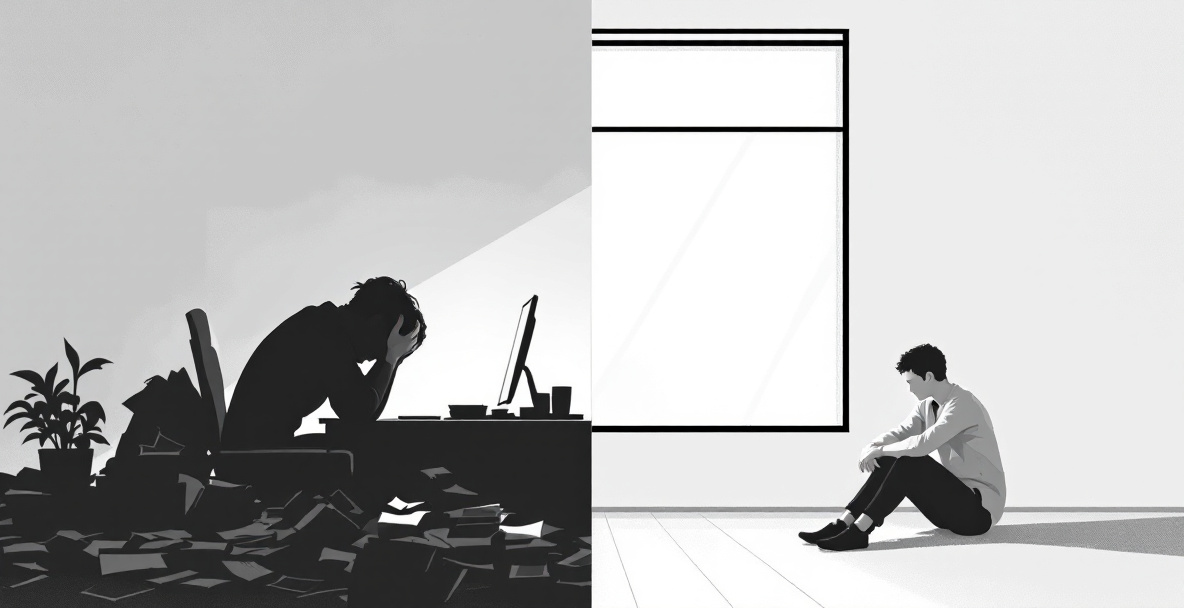 Vergleich zwischen Burnout: erschöpfter Mensch am Schreibtisch, und Depression: traurige Person am Fenster.