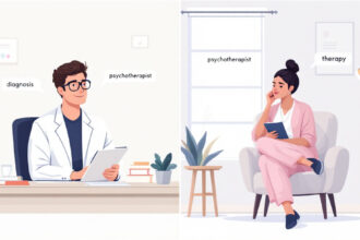 Illustration: Gegenüberstellung von Psychologe und Psychotherapeut in ihren jeweiligen Arbeitsumgebungen zur Verdeutlichung des Unterschieds