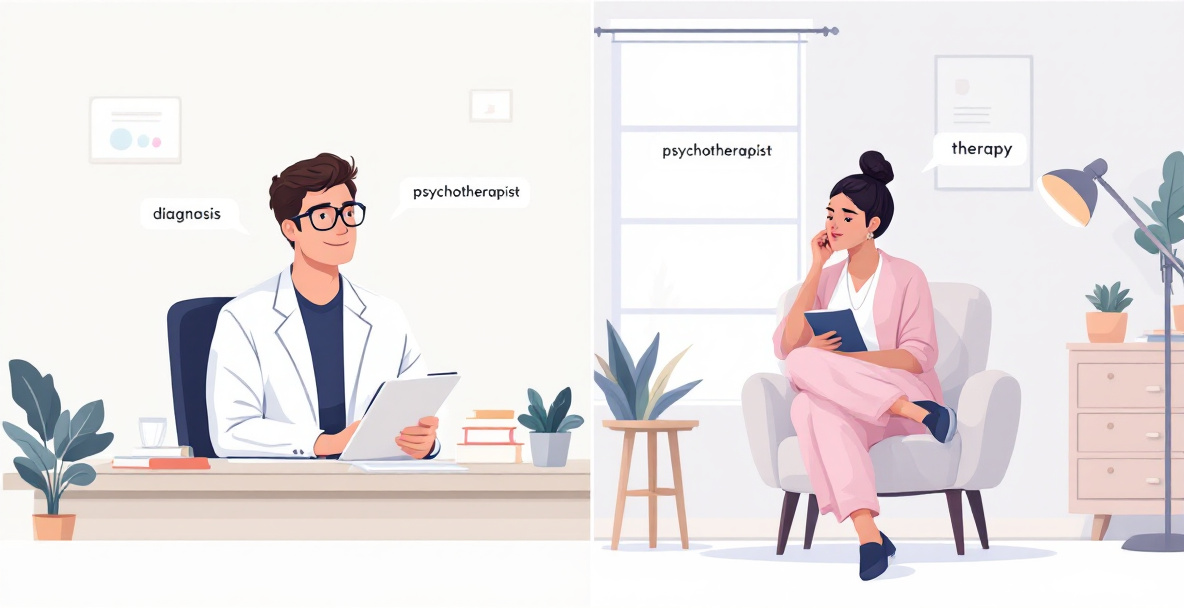 Illustration: Gegenüberstellung von Psychologe und Psychotherapeut in ihren jeweiligen Arbeitsumgebungen zur Verdeutlichung des Unterschieds