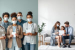 Vergleich zwischen gesetzlicher und privater Krankenversicherung als geteiltes Bild: links Gemeinschaft, rechts Einzelperson mit Arzt.