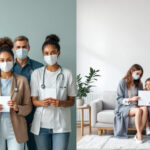 Vergleich zwischen gesetzlicher und privater Krankenversicherung als geteiltes Bild: links Gemeinschaft, rechts Einzelperson mit Arzt.