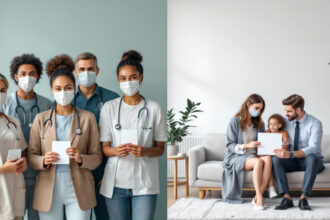 Vergleich zwischen gesetzlicher und privater Krankenversicherung als geteiltes Bild: links Gemeinschaft, rechts Einzelperson mit Arzt.