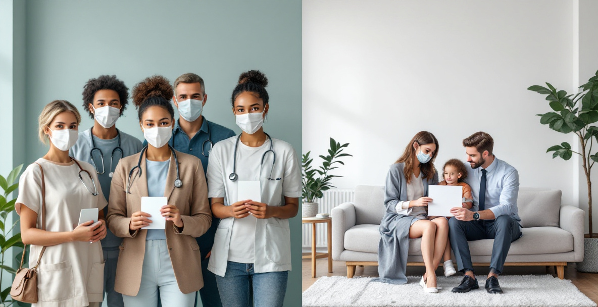 Vergleich zwischen gesetzlicher und privater Krankenversicherung als geteiltes Bild: links Gemeinschaft, rechts Einzelperson mit Arzt.