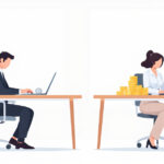 Ein Mann und eine Frau an Nachbartischen im Büro mit unterschiedlich hohen Münzstapeln als Symbol für den Gender Pay Gap.