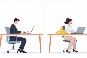 Ein Mann und eine Frau an Nachbartischen im Büro mit unterschiedlich hohen Münzstapeln als Symbol für den Gender Pay Gap.