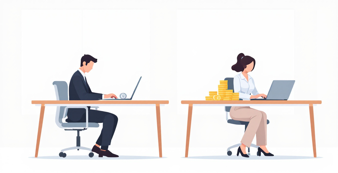 Ein Mann und eine Frau an Nachbartischen im Büro mit unterschiedlich hohen Münzstapeln als Symbol für den Gender Pay Gap.
