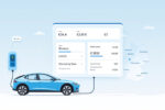 Infografik mit Elektroauto, Ladestation und digitalem Ladekostenrechner, dargestellt vor Deutschlands Umriss.