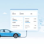 Infografik mit Elektroauto, Ladestation und digitalem Ladekostenrechner, dargestellt vor Deutschlands Umriss.