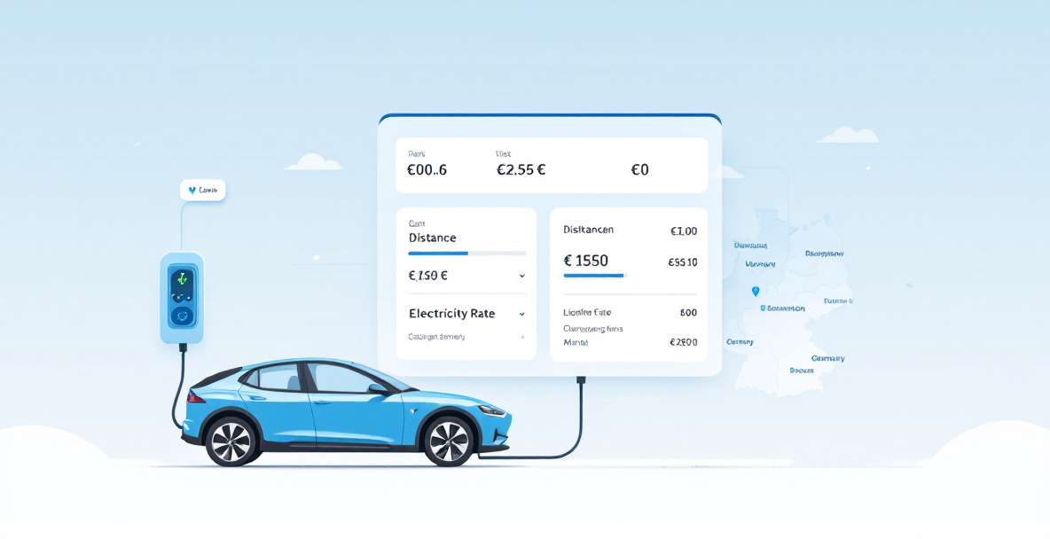 Infografik mit Elektroauto, Ladestation und digitalem Ladekostenrechner, dargestellt vor Deutschlands Umriss.