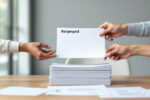 Offizielle Bürgergeld-Formulare und Hände, die Dokumente am Schreibtisch austauschen.