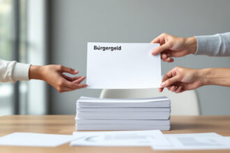 Offizielle Bürgergeld-Formulare und Hände, die Dokumente am Schreibtisch austauschen.