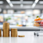 Illustration mit Einkaufswagen, Euro-Münzen und Aufwärtstrend als Symbol für Inflation in Deutschland.