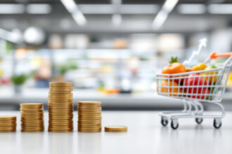 Illustration mit Einkaufswagen, Euro-Münzen und Aufwärtstrend als Symbol für Inflation in Deutschland.