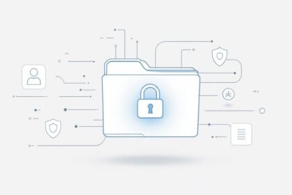 Illustration zu Datenschutz-Grundverordnung mit Aktenordner und Schlosssymbol als Zeichen für Datensicherheit.