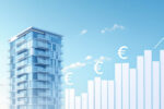 Grafik eines modernen Wohngebäudes mit Eurosymbolen und Rendite-Chart zur Geldanlage in Immobilien