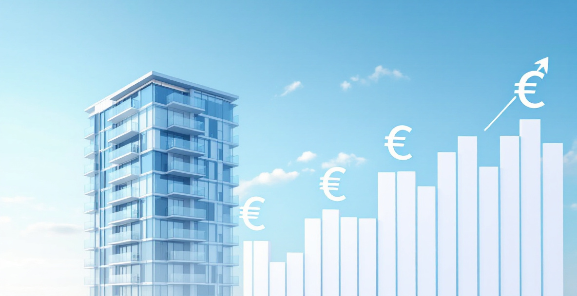 Grafik eines modernen Wohngebäudes mit Eurosymbolen und Rendite-Chart zur Geldanlage in Immobilien