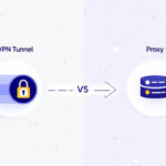 Grafische Darstellung: Unterschied zwischen VPN-Tunnel mit Schloss und Proxy-Server mit einfachen Weiterleitungspfeilen.