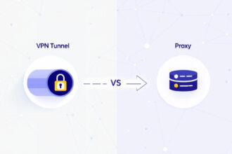 Grafische Darstellung: Unterschied zwischen VPN-Tunnel mit Schloss und Proxy-Server mit einfachen Weiterleitungspfeilen.