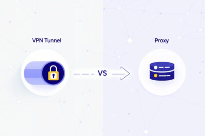 Grafische Darstellung: Unterschied zwischen VPN-Tunnel mit Schloss und Proxy-Server mit einfachen Weiterleitungspfeilen.