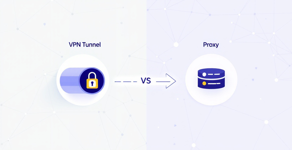 Grafische Darstellung: Unterschied zwischen VPN-Tunnel mit Schloss und Proxy-Server mit einfachen Weiterleitungspfeilen.