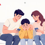 Verzweifeltes Kind wird von besorgten Eltern getröstet, umgeben von digitalen Geräten und negativen Nachrichten – Symbolbild für Cybermobbing bei Jugendlichen.