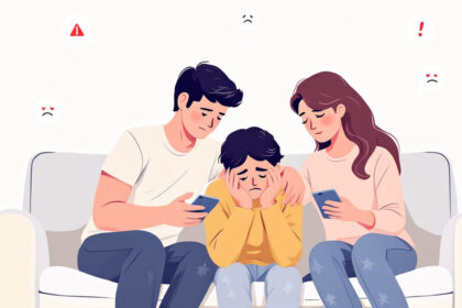 Verzweifeltes Kind wird von besorgten Eltern getröstet, umgeben von digitalen Geräten und negativen Nachrichten – Symbolbild für Cybermobbing bei Jugendlichen.