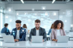 Gruppe von Studierenden beim Cybersecurity-Studium an einer deutschen Universität mit digitalen Sicherheitssymbolen.