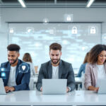 Gruppe von Studierenden beim Cybersecurity-Studium an einer deutschen Universität mit digitalen Sicherheitssymbolen.
