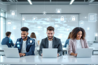 Gruppe von Studierenden beim Cybersecurity-Studium an einer deutschen Universität mit digitalen Sicherheitssymbolen.
