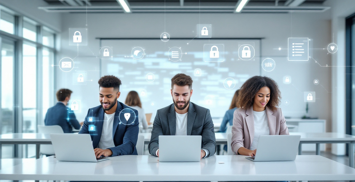 Gruppe von Studierenden beim Cybersecurity-Studium an einer deutschen Universität mit digitalen Sicherheitssymbolen.