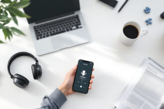 Schreibtisch mit Kopfhörern, Smartphone mit Podcast-App, Finanzzeitung und Kaffeetasse als Symbol für Finanzpodcasts in Deutschland 2025.
