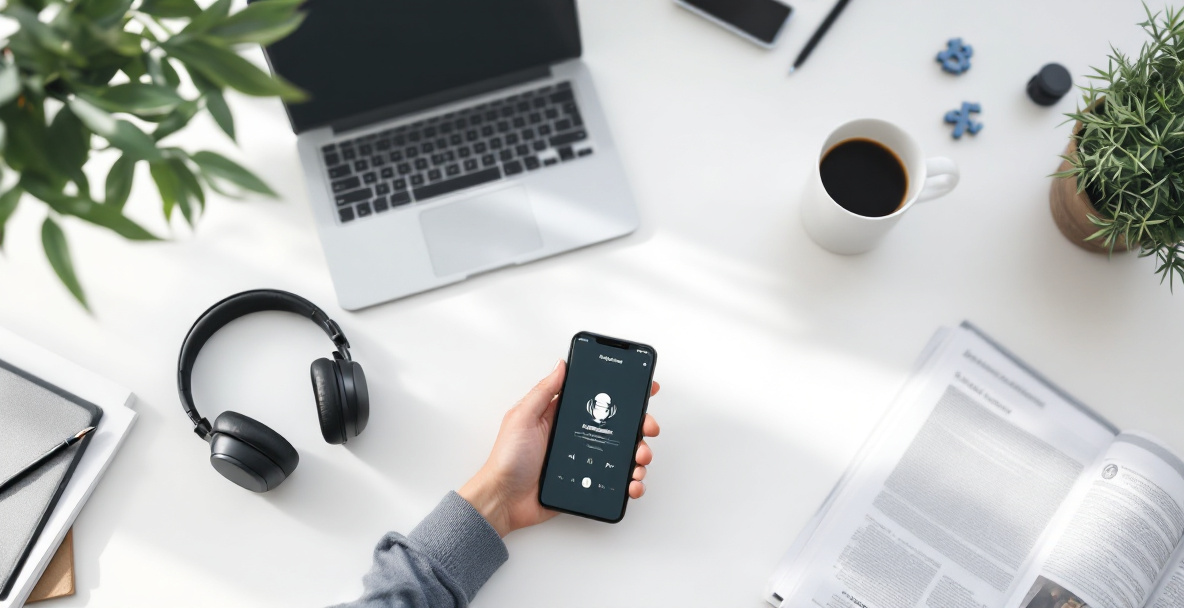 Schreibtisch mit Kopfhörern, Smartphone mit Podcast-App, Finanzzeitung und Kaffeetasse als Symbol für Finanzpodcasts in Deutschland 2025.