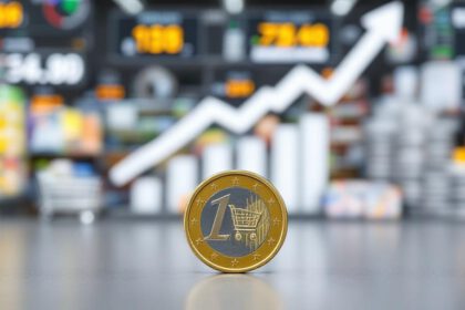 Symbolbild: Eine große Euromünze wird kleiner, im Hintergrund verschwimmen Preise – Darstellung für Inflation.