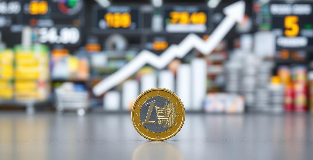 Symbolbild: Eine große Euromünze wird kleiner, im Hintergrund verschwimmen Preise – Darstellung für Inflation.