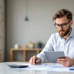 Professionelle Immobilienbewertung mit Gutachter, Dokumenten, Rechner und deutscher Architektur im Hintergrund