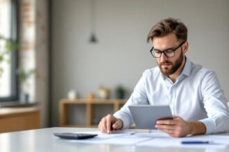 Professionelle Immobilienbewertung mit Gutachter, Dokumenten, Rechner und deutscher Architektur im Hintergrund