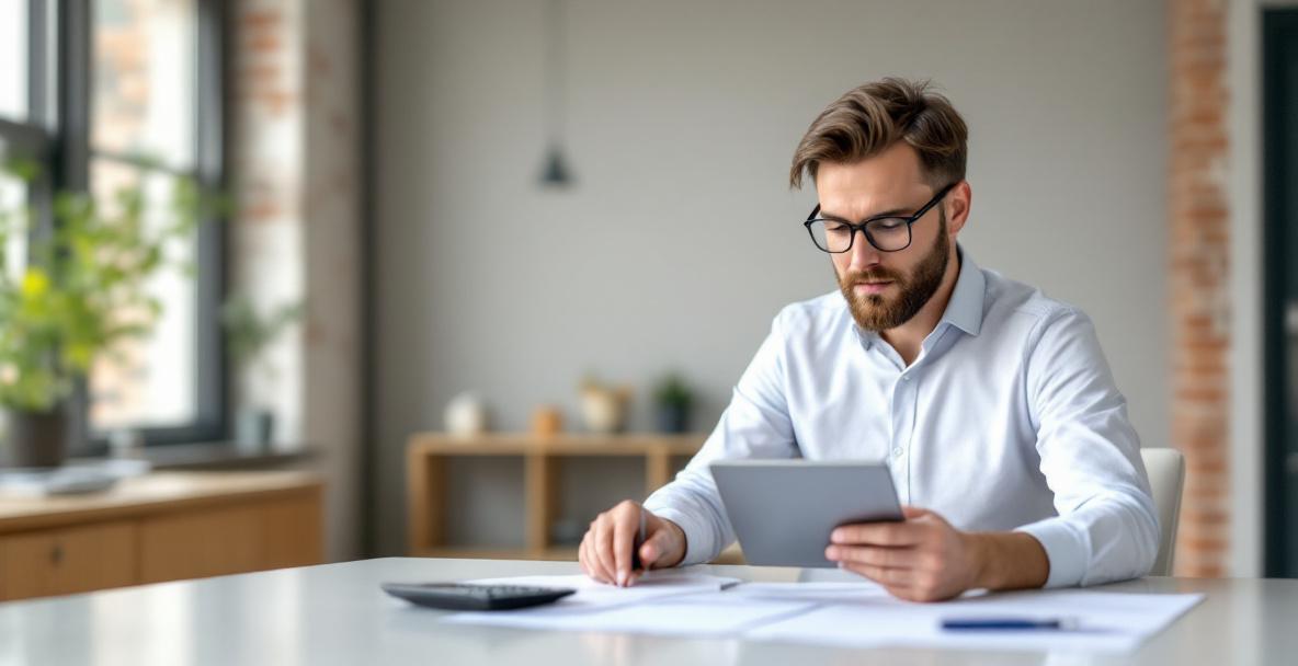 Professionelle Immobilienbewertung mit Gutachter, Dokumenten, Rechner und deutscher Architektur im Hintergrund