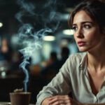 Eine erwachsene Nichtraucherin sitzt in einem Raum und ist sichtbar Tabakrauch ausgesetzt.