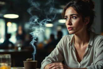 Eine erwachsene Nichtraucherin sitzt in einem Raum und ist sichtbar Tabakrauch ausgesetzt.